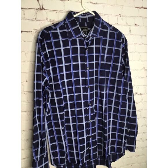 Cezani  Men's L Large Button Up Shirt Long Sleeve Blue Purple Check /Plaid * - Picture 7 of 12
